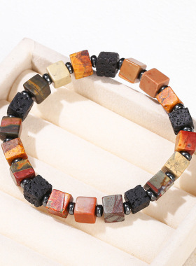 冰岛黑火山石天然红松石黑火山石方块手链个性时尚情侣男女手饰