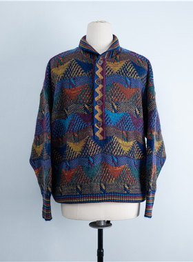 MISSON1 波普色彩 几何编织万花筒 翻领单排扣毛针织衫