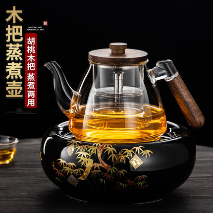 煮茶壶玻璃加厚胡桃木把泡茶壶大容量专用电陶炉养生壶煮茶器家用