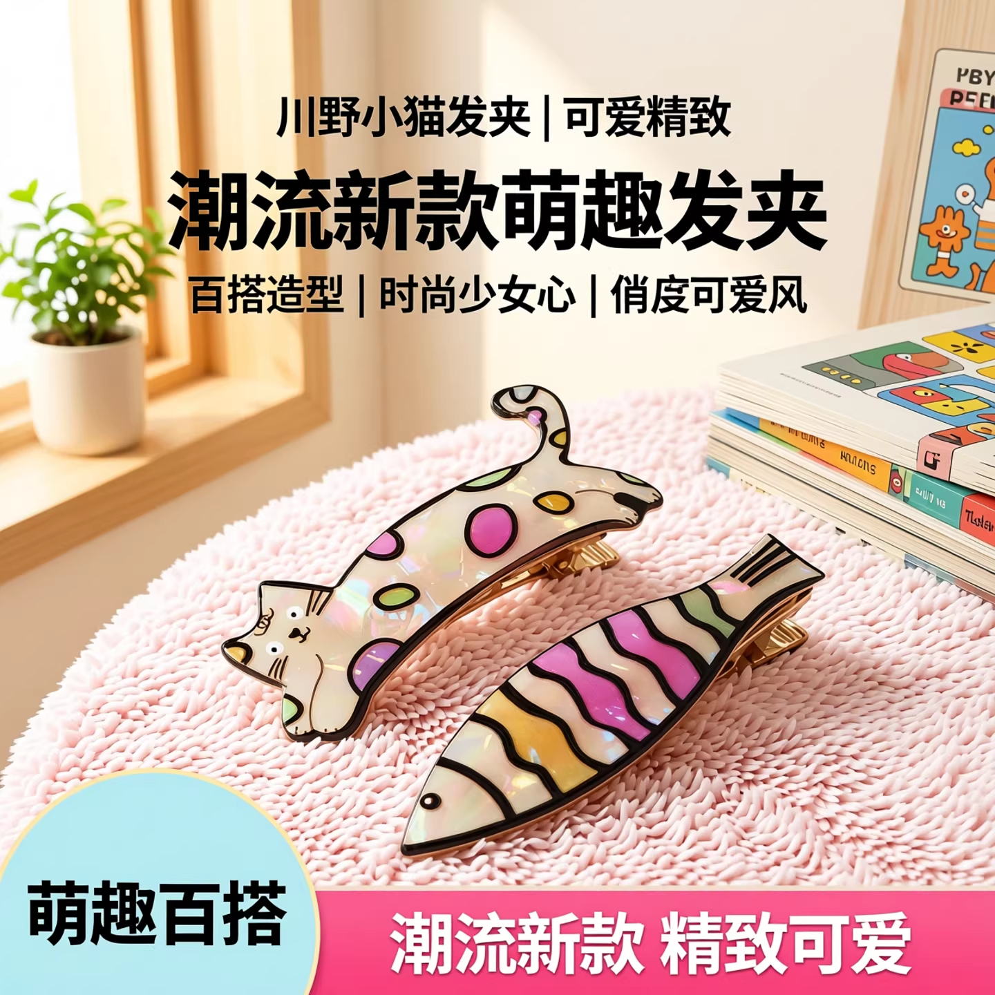 川野小猫刘海发夹可爱边夹女侧边碎发夹新款发卡鸭嘴夹头发夹子