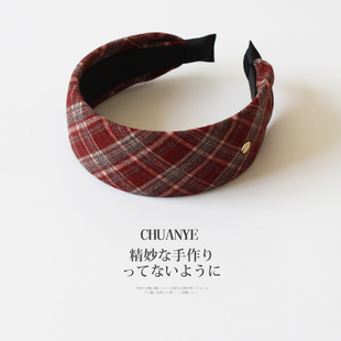 小众发箍女日常外戴防滑发饰 时尚 川野法式 红色格纹宽边头箍女新款