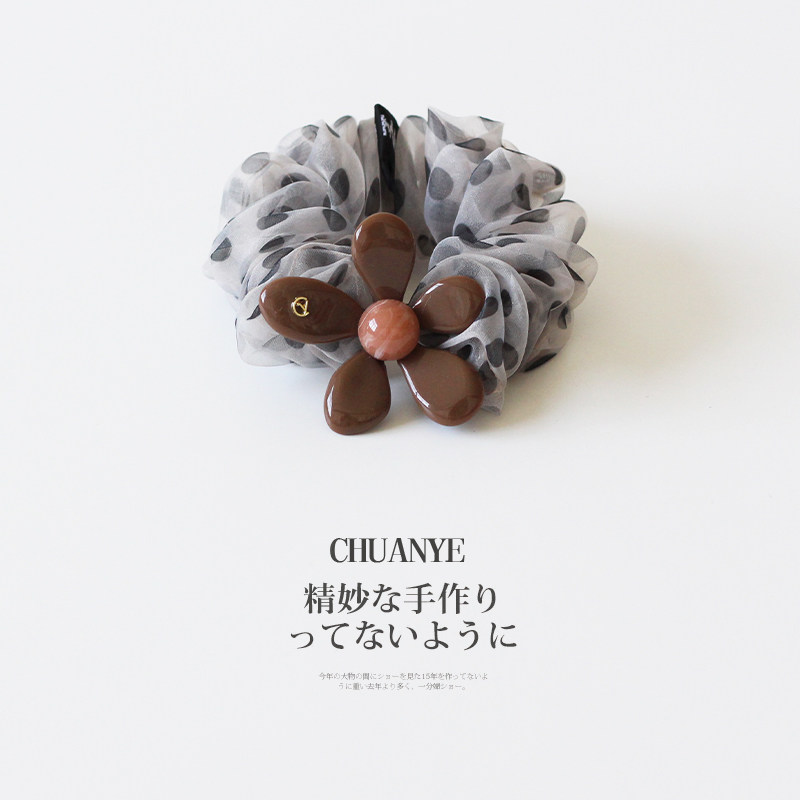 川野韩系透感咖色花朵欧根纱小肠发圈通勤小众低马尾百搭头绳发饰