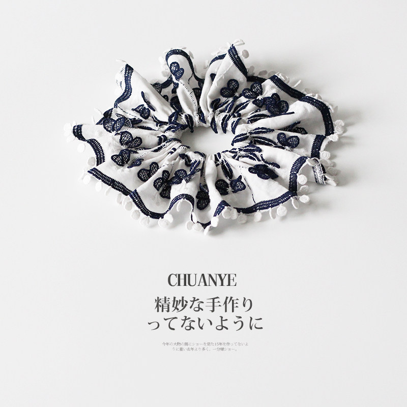 川野韩系蓝白蝴蝶印花大肠发圈少女毛球花边设计复古布艺发绳小众