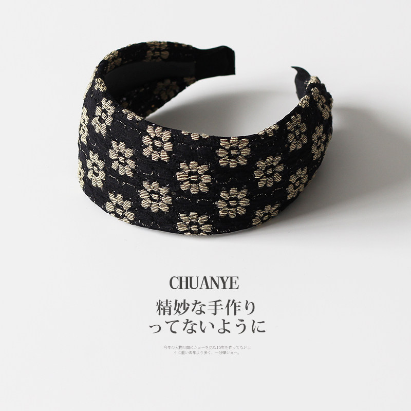 川野日系复古黑色碎花宽边发箍女图片
