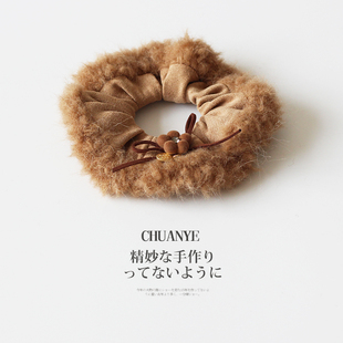 川野日韩秋冬毛绒蝴蝶结小肠发圈女新款温柔百搭扎马尾的皮筋发饰