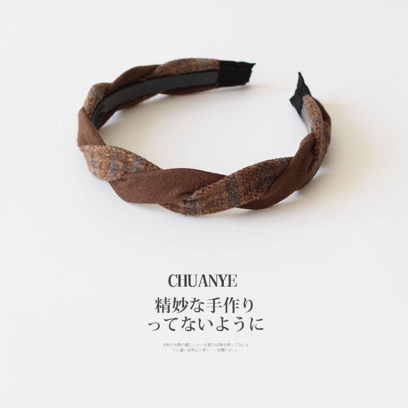 川野法式毛绒格纹麻花头箍新款时尚个性发箍女日常外戴高颅顶发饰