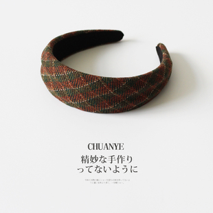 川野法式 精美百搭高颅顶压发头箍头饰发饰 秋冬咖色格纹发箍女新款