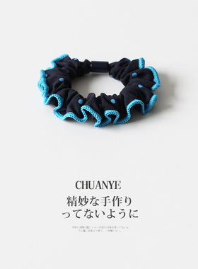 川野法式蓝色波点褶皱小肠发圈新款时尚小众扎马尾的发绳头饰发饰