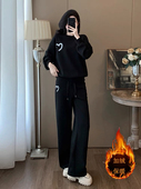两件套 洋气减龄加绒卫衣阔腿裤 黑色高级感运动休闲套装 女秋冬时尚