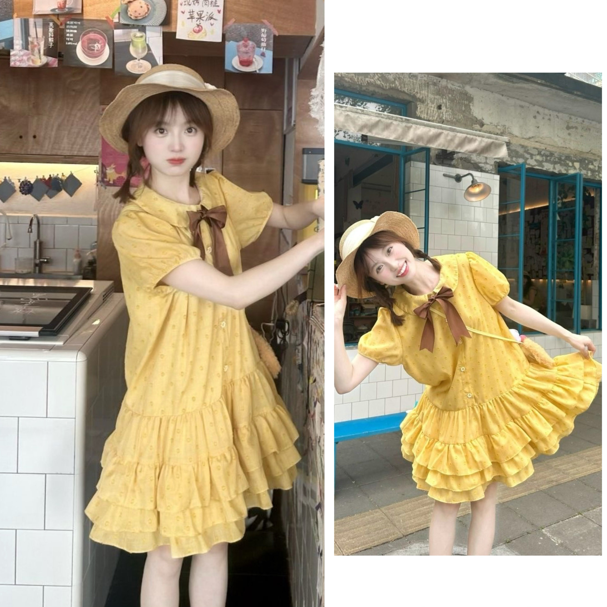少女黄色波点提花娃娃领蛋糕连衣裙夏2025新款甜美可爱小个子短裙