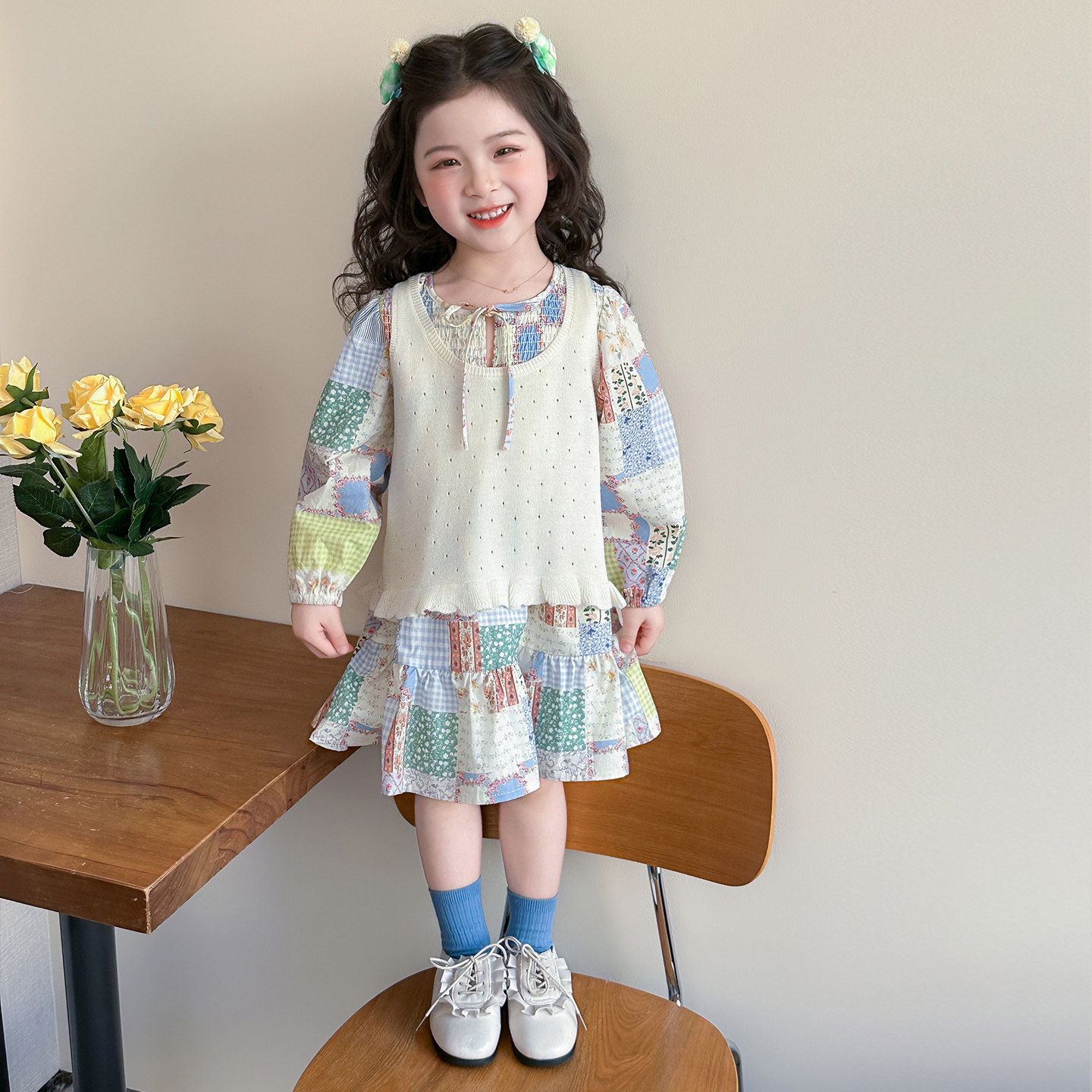 女童韩版甜美碎花公主裙春秋宝宝叠穿连衣裙两件套儿童田园风裙子