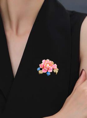 富贵牡丹花胸针女优雅珐琅手绘淡水珍珠镶锆胸花连衣裙旗袍别针女