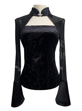 新款女装黑色长袖新中式盘扣丝绒拼接撞袖醋酸上衣修身打底百搭