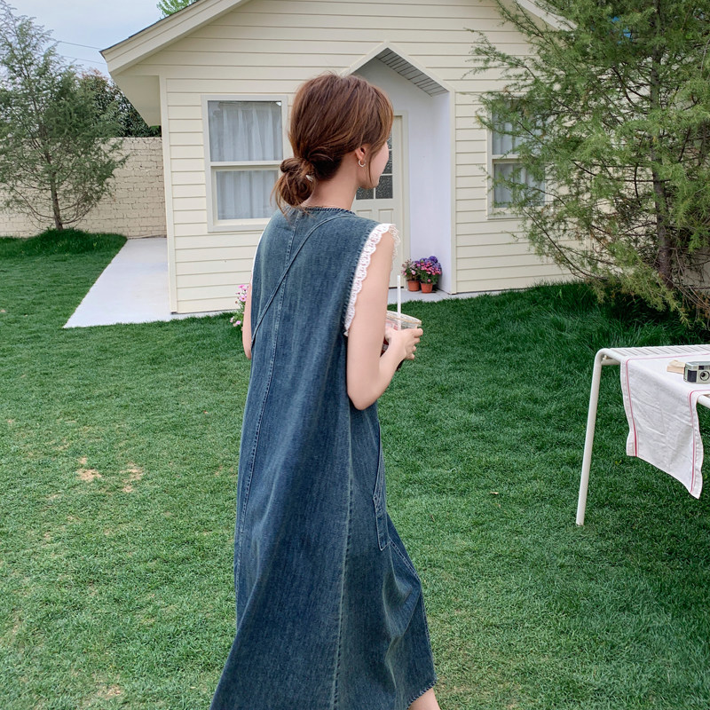 法式蕾丝花边配包无袖牛仔连衣裙女2025夏季新款宽松遮肚显瘦长裙,女装连衣裙,浙宝179