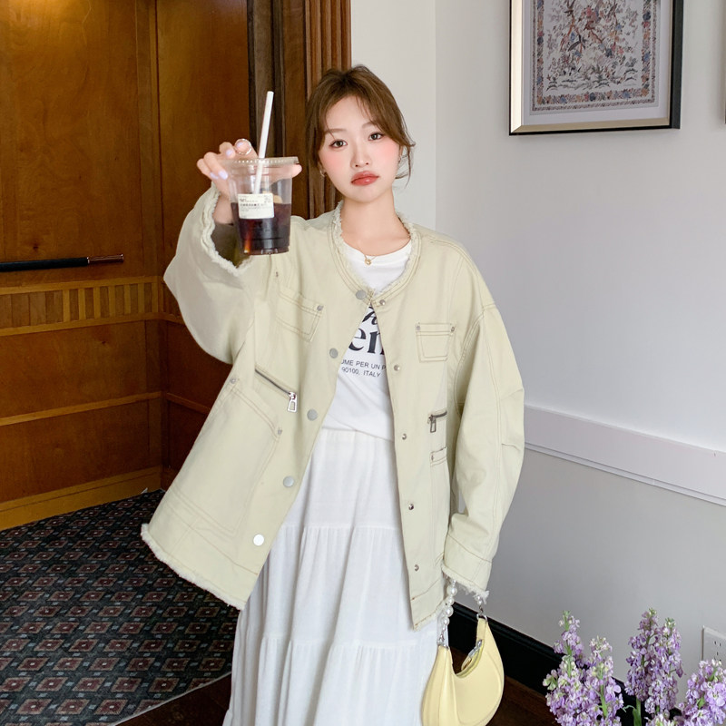 卡绿色韩版做旧毛边多口袋外套女2025年春季新款设计款小个子夹克,女装短外套,浙宝179