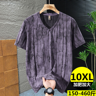 大码破洞V领短袖T恤男宽松加肥加大做旧上衣潮流胖哥300斤5xl半袖
