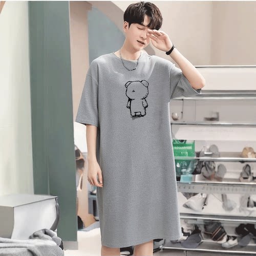 100%纯棉短袖睡衣夏季中长款家居服男款一体式高级感休闲卡通睡袍