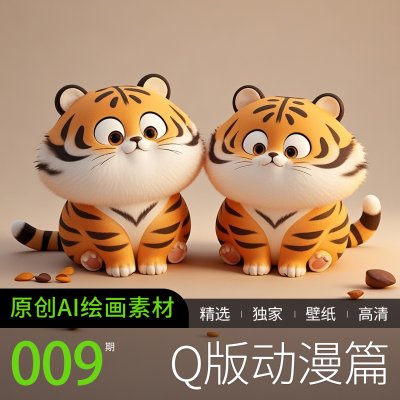 AI绘画参考老虎动物卡通动漫可爱Q版萌宠素材图片手机电脑壁纸