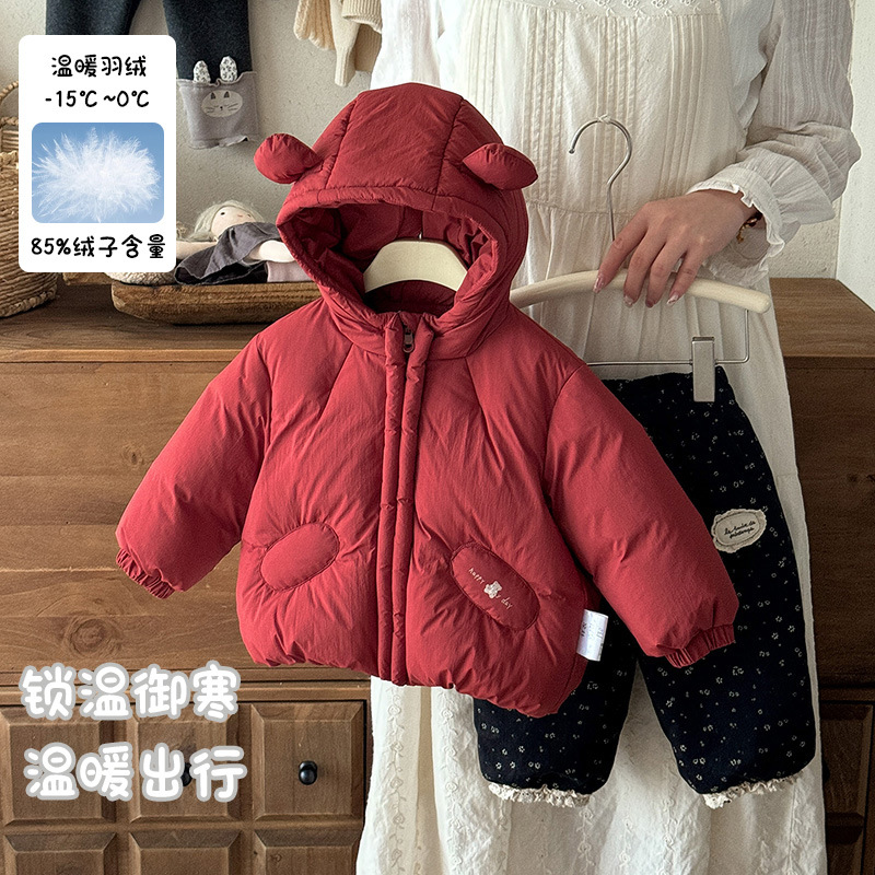 女宝宝冬季羽绒服女童短款90白鸭绒加厚连帽外套婴幼儿保暖衣 a类