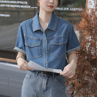 短袖牛仔衬衫女夏季薄款设计感小众外套别致防晒秋季叠穿上衣