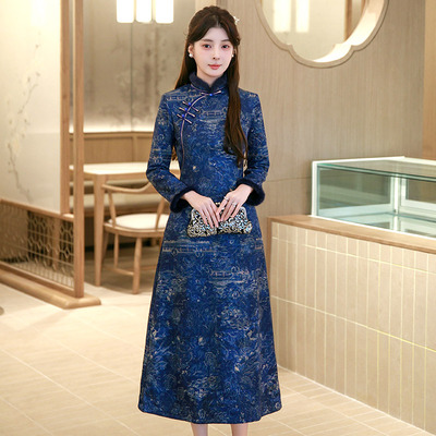 蓝色加绒加厚冬装国风新中式改良长袖旗袍女复古妈妈连衣裙秋冬季