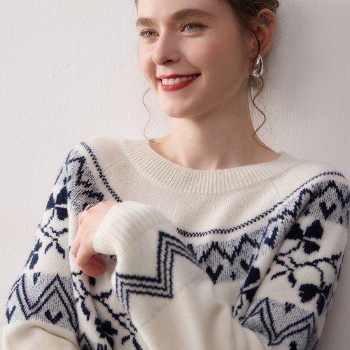 鄂家同款！费尔岛加厚高端山羊绒衫女圆领加厚提花宽松慵懒风毛衣