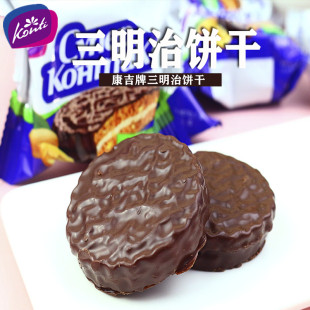 俄罗斯进口Konti 康吉三明治饼干夹心巧克力花生榛子炼乳味零食品