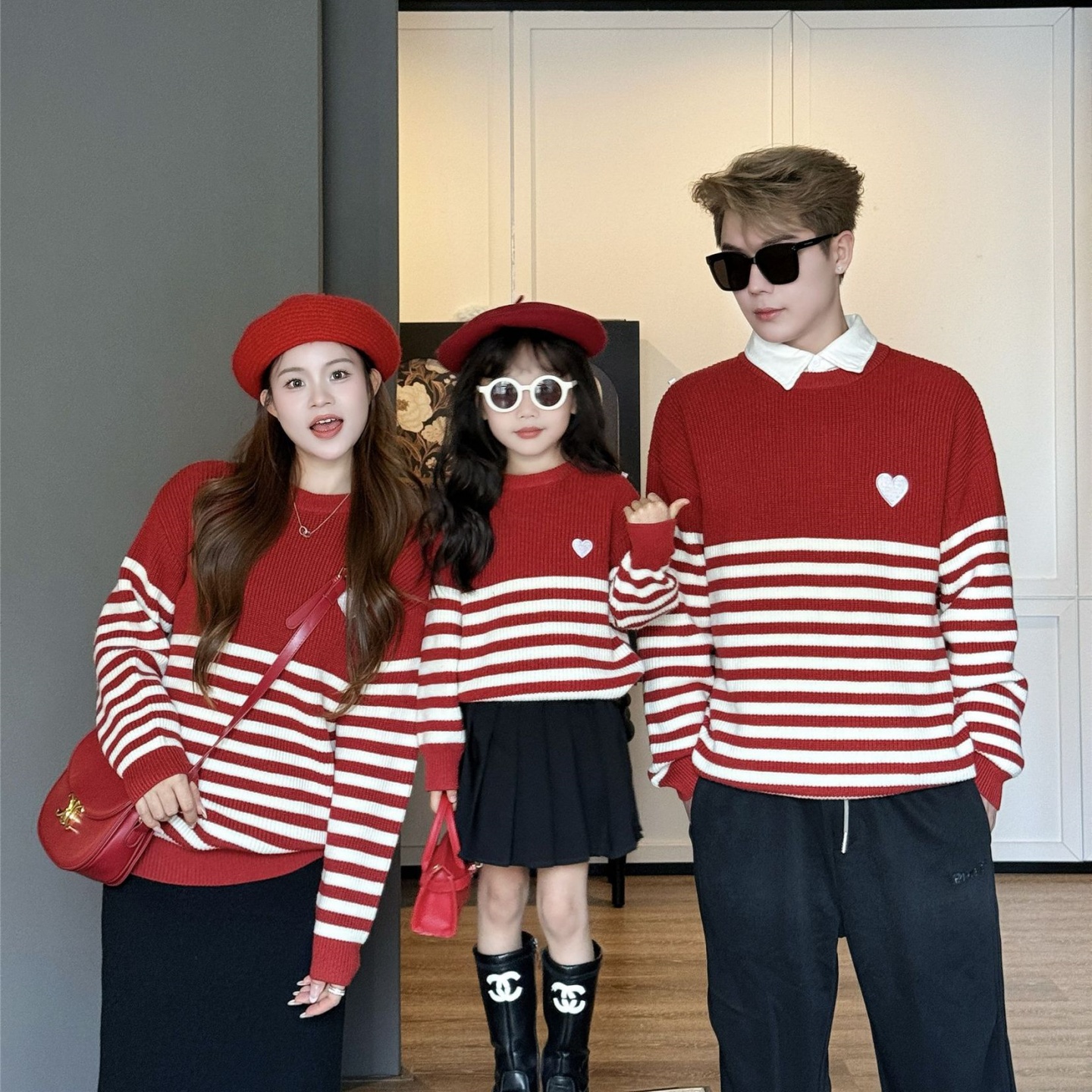 圣诞亲子装毛衣母女条纹过拜年服