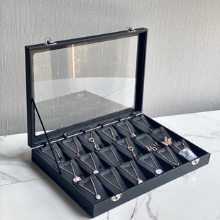 高级感首饰盒带盖防尘玻璃戒指项链饰品盒格子手镯皮质珠宝收纳箱