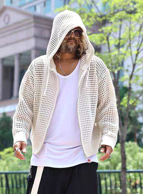 欧货镂空连帽针织衫男高级感网状长袖防晒衣网眼毛织线衣开衫外套