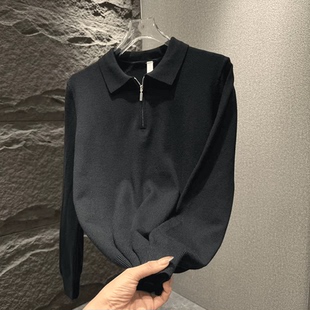 欧洲站半拉链翻领针织衫男包芯纱修身长袖卫衣休闲工装羊毛马球衫