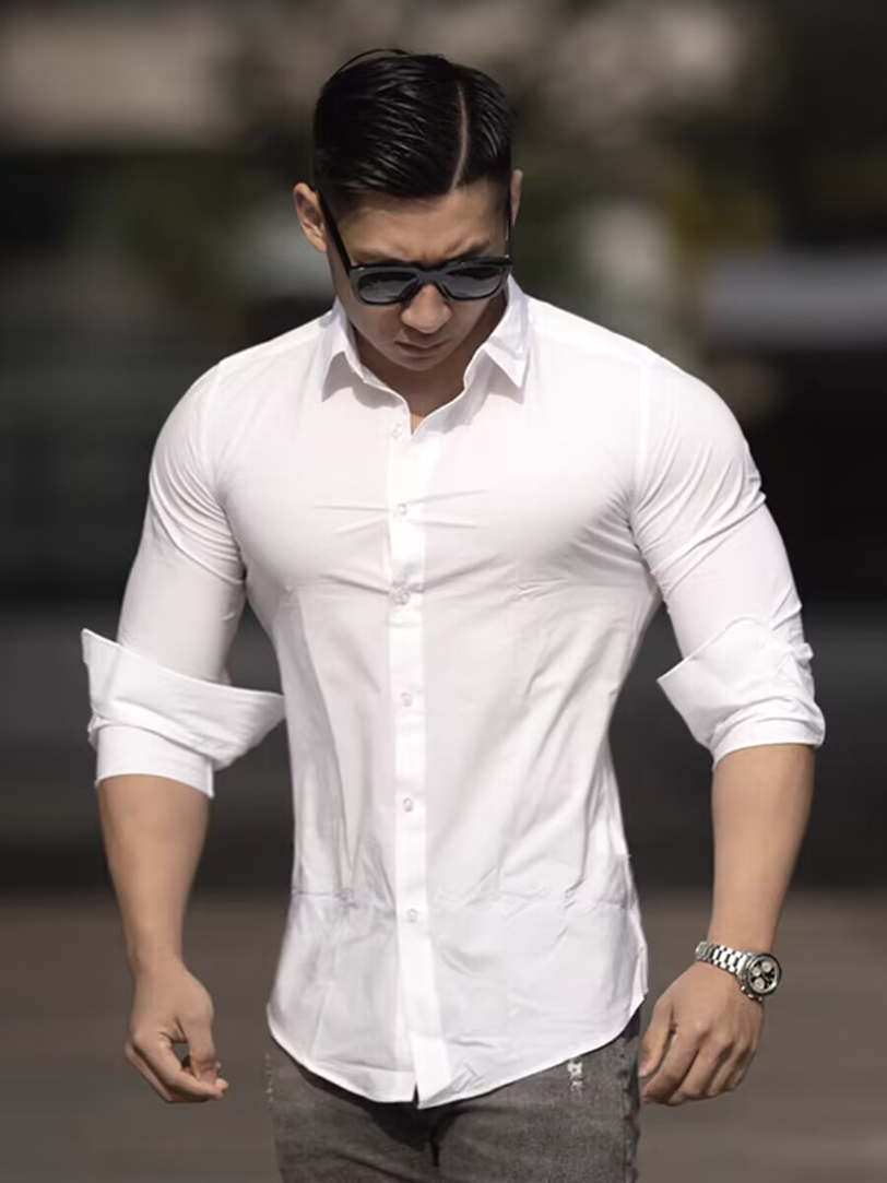 冰丝速干衬衫肌肉男弹力训练长袖