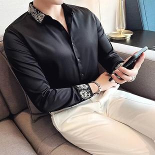 潮 高级感刺绣花衬衫 男免烫抗皱修身 长袖 简约设计感衬衣轻熟风寸衫