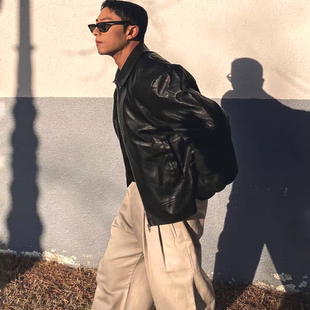 欧货双拉链翻领皮衣套装男美式复古黑色夹克外套硬汉风pu皮机车服