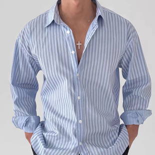 透气修身 男薄款 长袖 防晒开衫 蓝色衬衣潮 美式 休闲工装 复古条纹衬衫