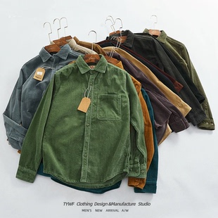 男美式 条绒休闲工装 复古口袋款 开衫 衬衣潮 长袖 欧货跨境灯芯绒衬衫