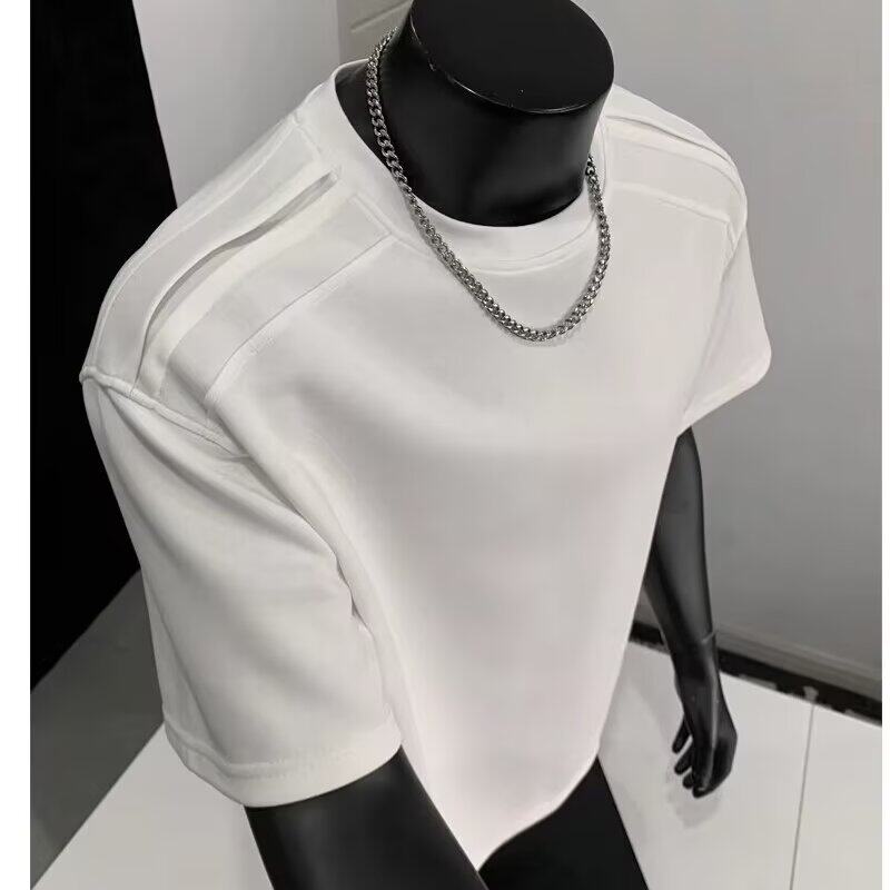 索罗娜凉感t恤男拼接垫肩设计感短袖卫衣正肩立体廓形半截袖体恤