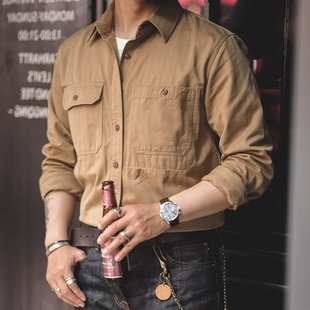 长袖 美式 男高级感修身 衬衫 纯棉斜纹布衬衣军事机能风 阿美咔叽工装