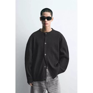 卫衣休闲工装 长袖 夹克毛衣 男圆领排扣修身 欧美复古包芯纱针织开衫