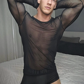 欧美性感透视网纱t恤男丝滑莫代尔长袖 罩衫 弹力镂空透明打底内衣