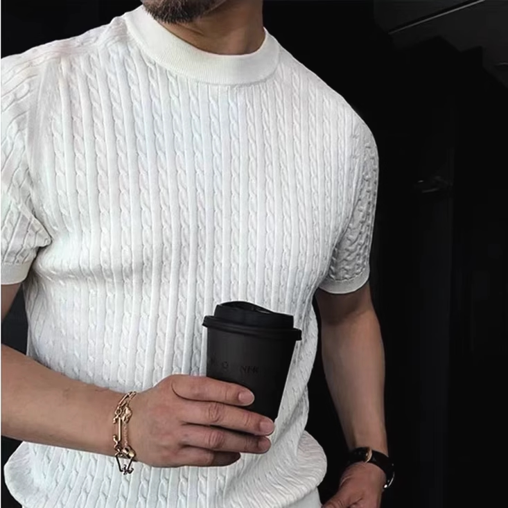 欧货麻花扭绳针织衫男圆领修身短袖卫衣肌理感凉薄透气工装t恤潮