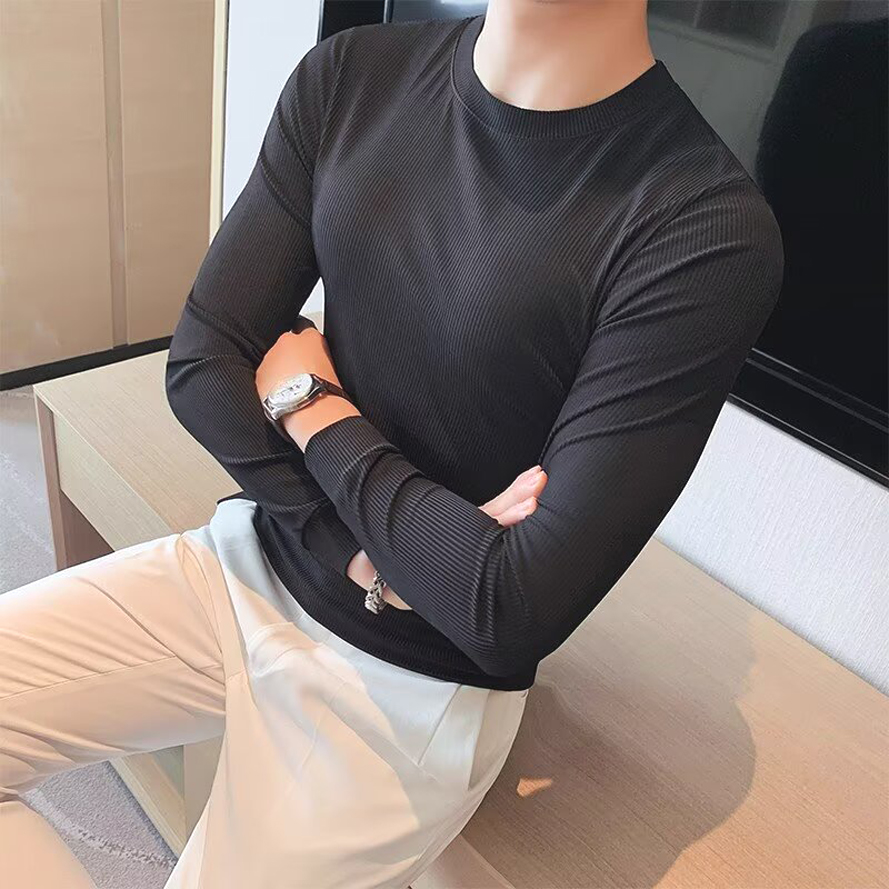 冰丝螺纹t恤免烫无痕修身长袖潮