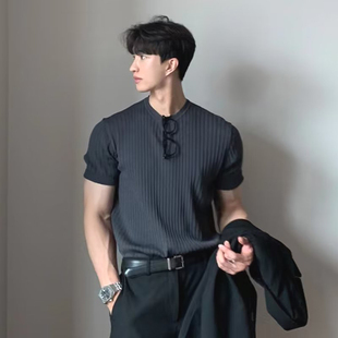 美式硬汉风坑条针织衫男亲肤透气薄款修身冰丝棉短袖t恤健身运动