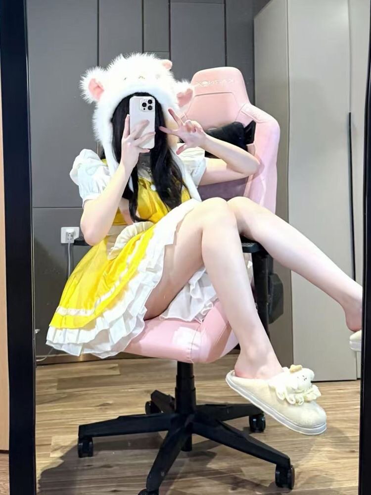 明黄色蕾丝边连衣裙女夏甜美荷叶边女仆裙日系复古围裙Lolita风