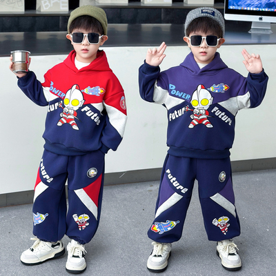 男童加绒加厚秋冬奥特曼卫衣套装