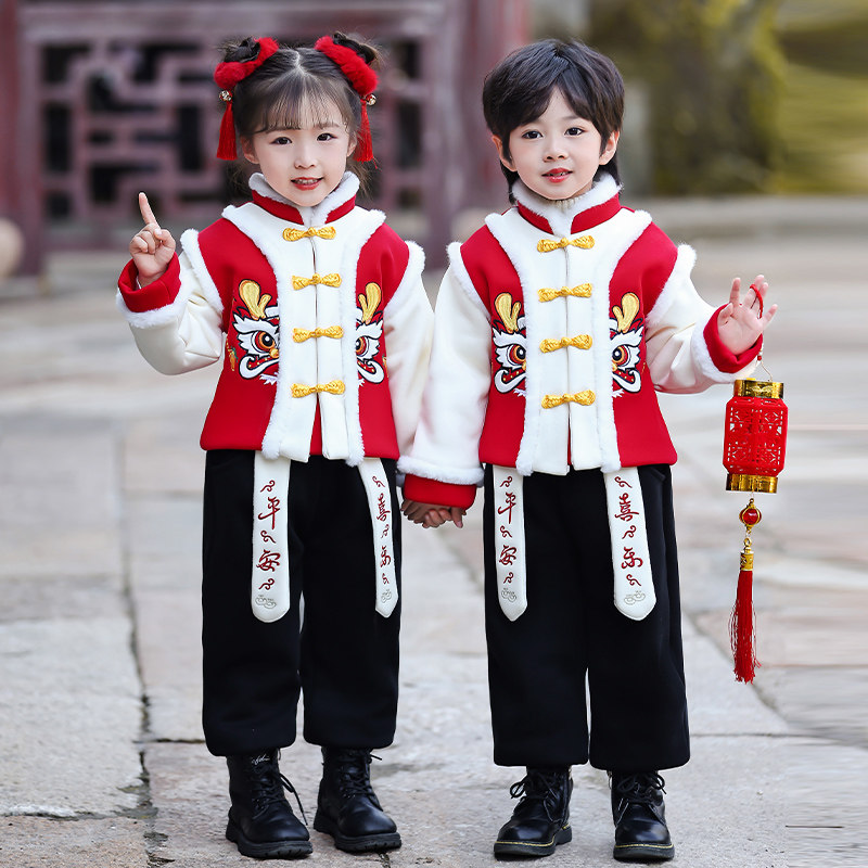 拜年服男童汉服女童表演服喜庆加厚冬宝宝唐装礼服元旦儿童演出服
