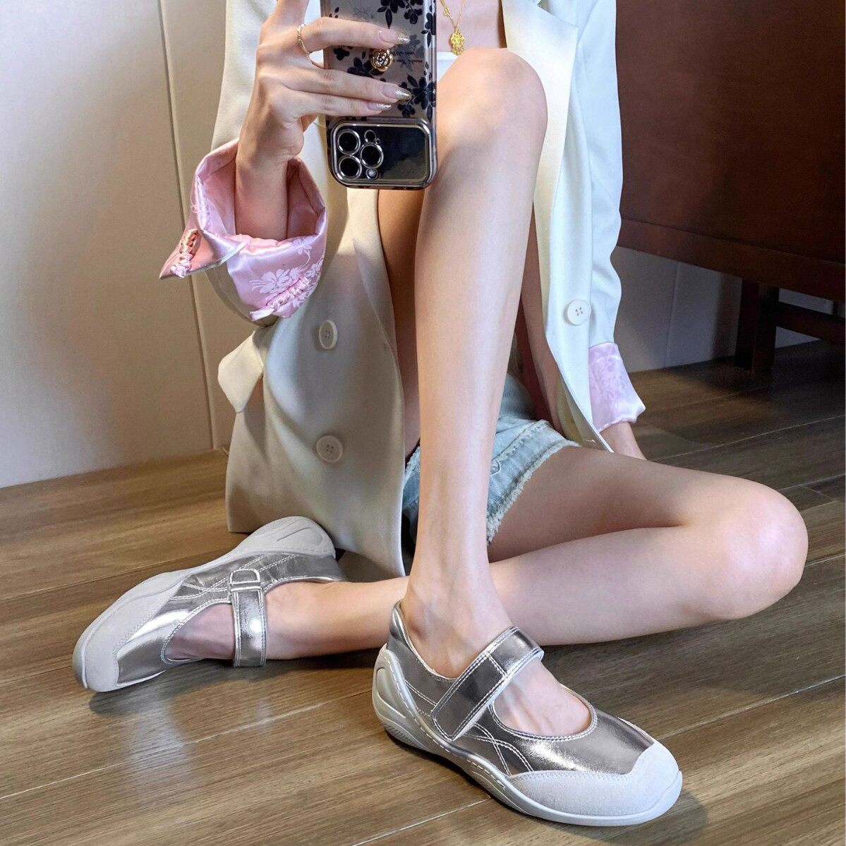 羊皮版~ 机能风运动芭蕾舞鞋女厚底魔术贴玛丽珍鞋小众休闲单鞋子