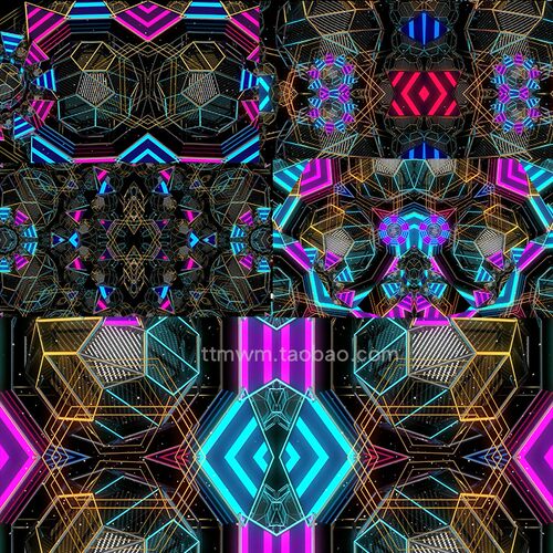 4个彩色3d万花筒流行动感电子EDM节奏循环动画舞台视频素材VJloop