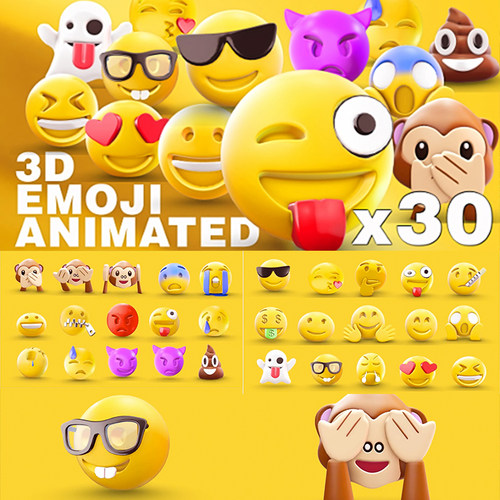 30个3D动画EMOJI表情符号LOOP视频素材+GIF图片+OBJ模型+AE模板