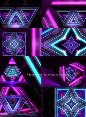 4个蓝紫色霓虹立体三角隧道万花筒舞台背景视频素材循环vj loops